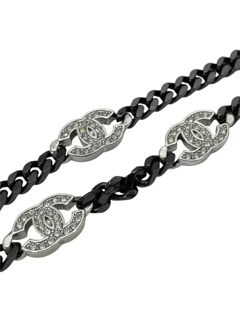 Chanel Choker Chain Pendant CC Logo Rhinestone Gunmetal Black Silver Necklace